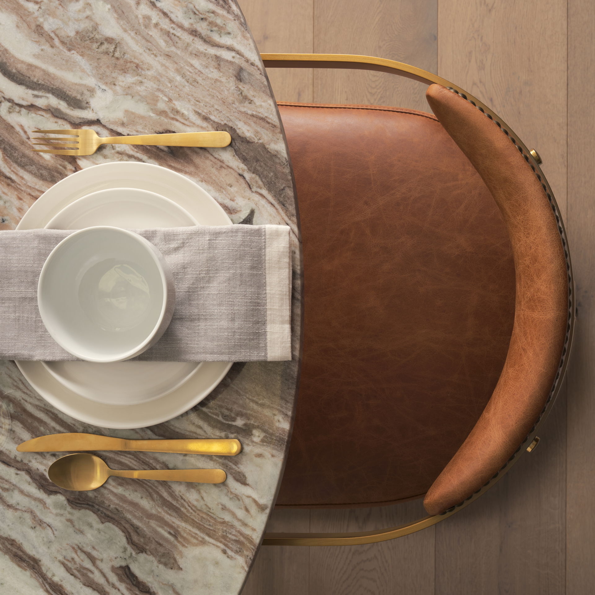 Hollyfield I Brown Leather Seat Gold Iron Frame Dining Chair, by Mercana, 20.5" length x 21.5" width x 29.5" height View 3