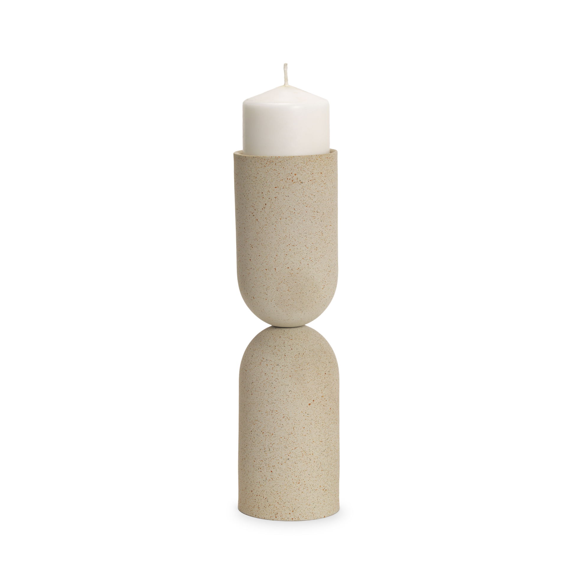 Qamra Tall Beige Textured Metal Pillar Candle Holder Candle Holder, Candles & Candle Holder by Mercana, 3.5" length x 3.5" width x 12.5" height View 1