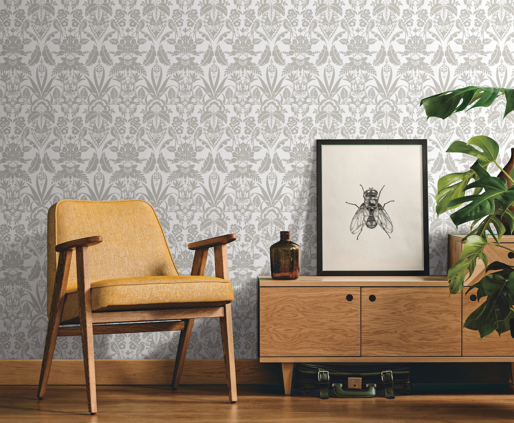 Grey Botanical Damask Wallpaper large image 