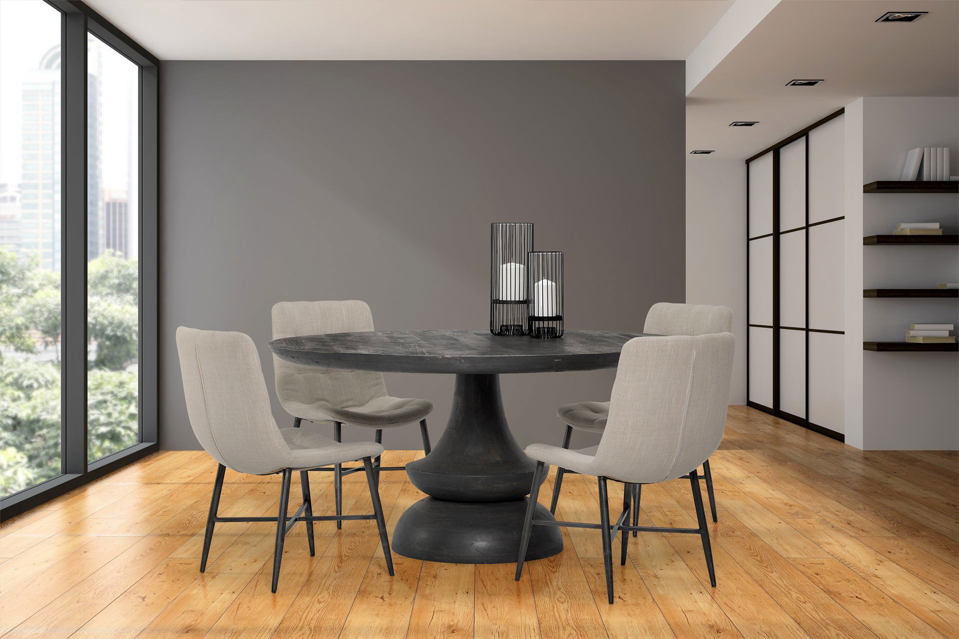 Barrow I Beige Fabric Wrap Black Metal Frame Dining Chair, by Mercana, 19.75" length x 24" width x 34" height View 3