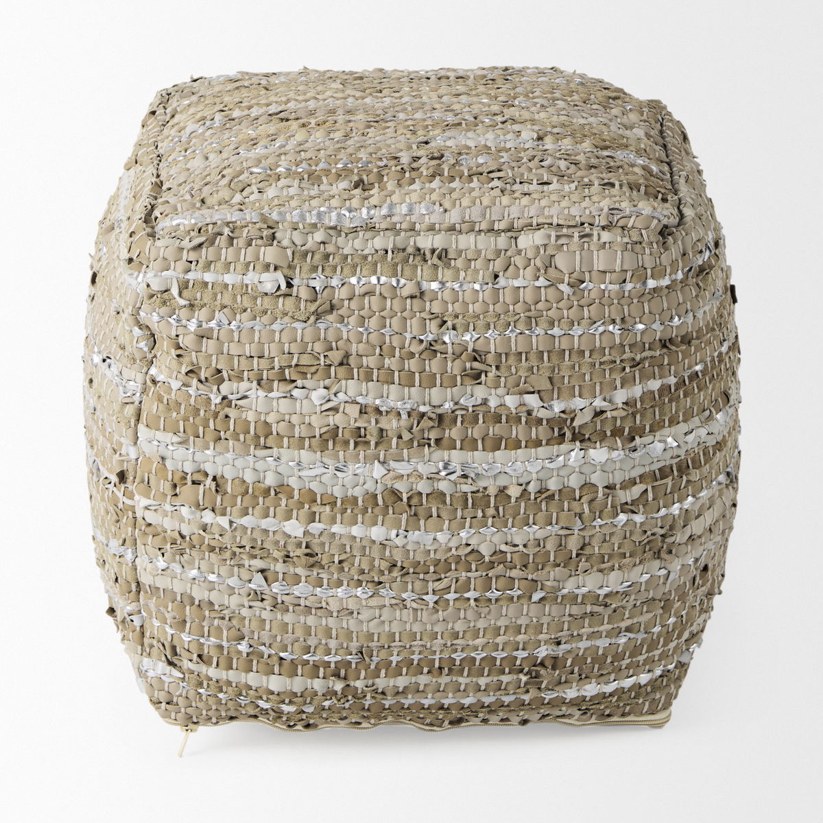 Aadhya  Taupe/Silver Leather and Cotton Pouf, Ottoman by Mercana, 16" length x 16" width x 16" height View 3