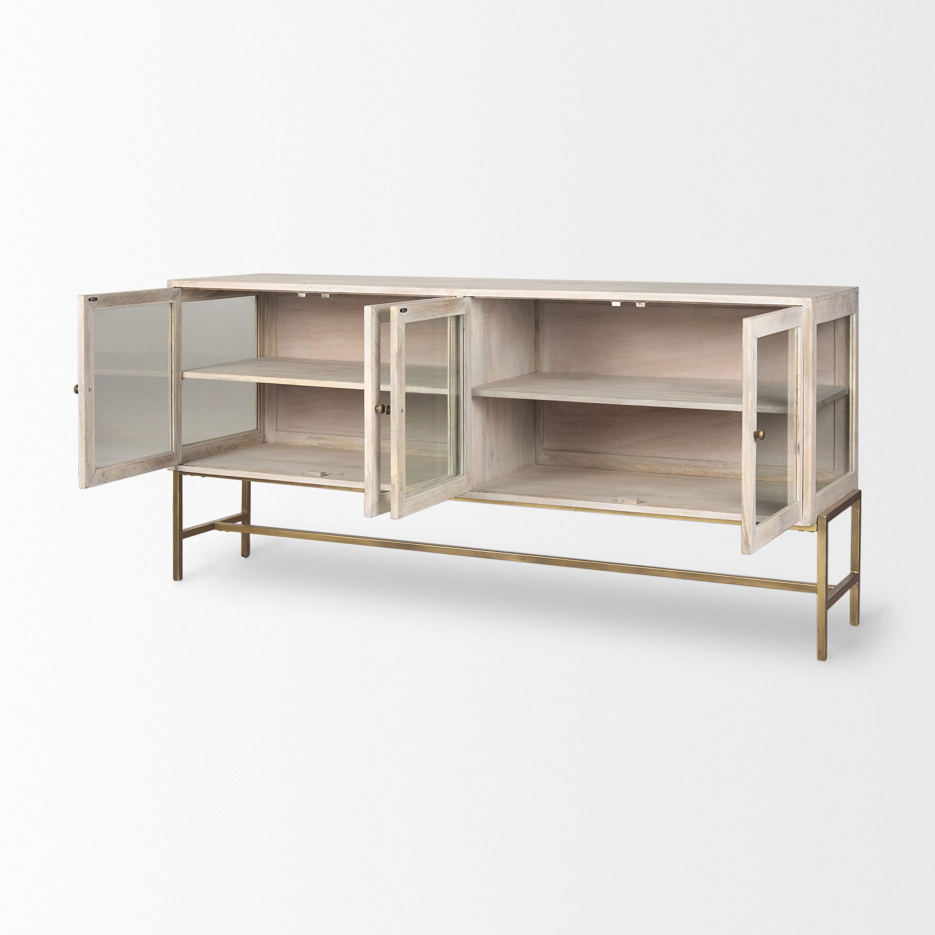 Arelius 70L x 18W x 32H White Wood with Gold Metal Base 4 Door Glass Cabinet Sideboard large image 