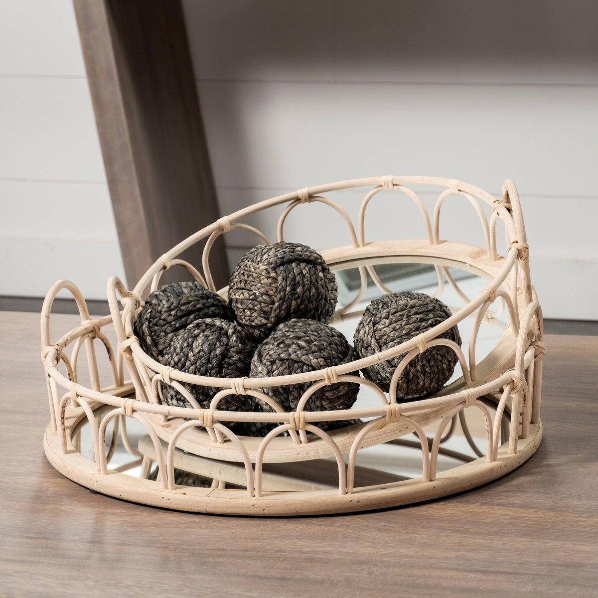 Leona (Set of 2) Natural Wicker Woven Mirrored Base Nesting Trays, Decorative Tray by Mercana, 19.29" length x 18.9" width x 5.71" height View 2