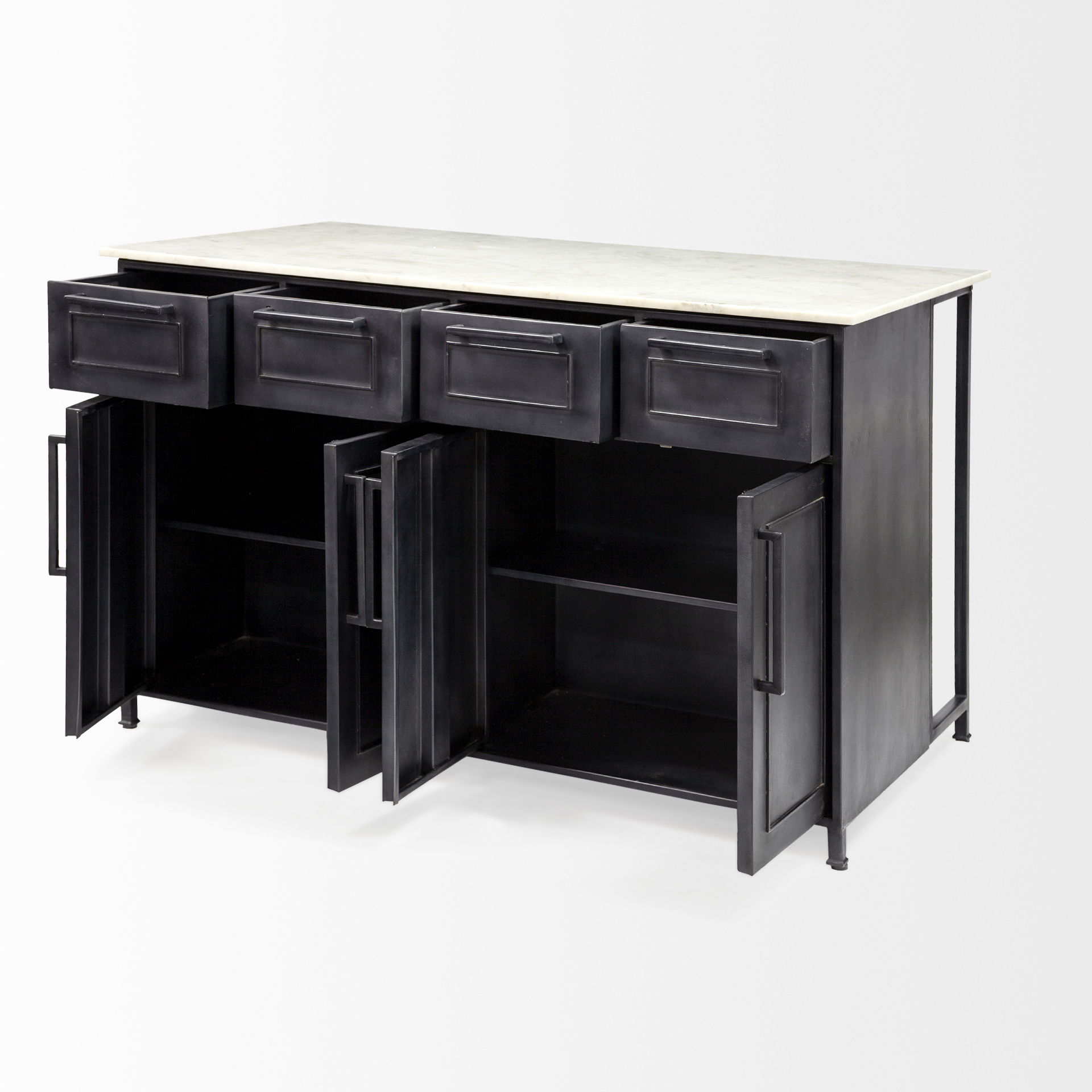 Fieri Solid Iron Black Body White Marble Top Four Drawer Kitchen Island, by Mercana, 58" length x 32" width x 36.5" height View 7