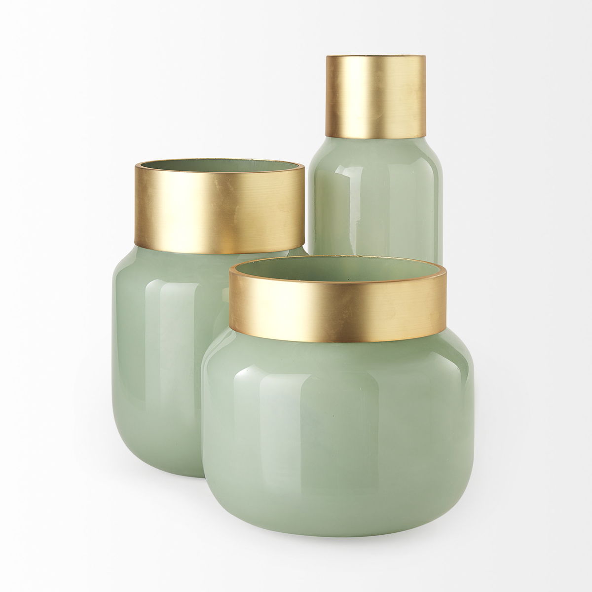 Minty   Green Glass Vase with Matte Gold Metal Neck Cuff, by Mercana, 5.67" length x 5.67" width x 16.8" height View 5
