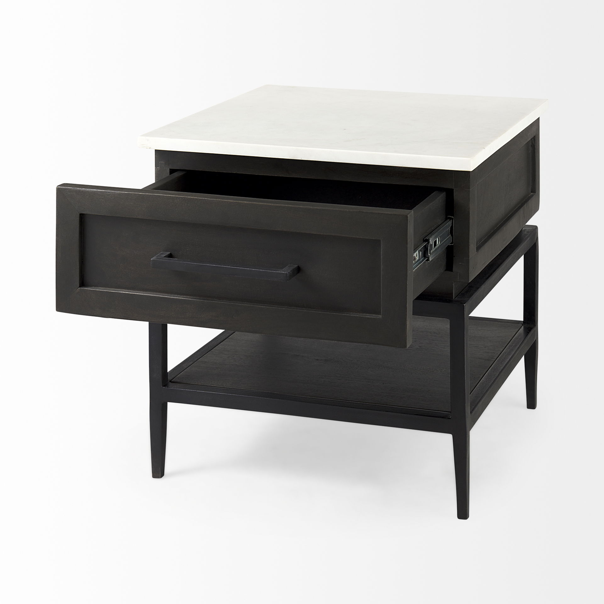 Divina Black-Brown Wood with White Marble Top and Black Metal Base 1 Drawer Side Table, Side & End Table by Mercana, 22" length x 22" width x 22" height View 9