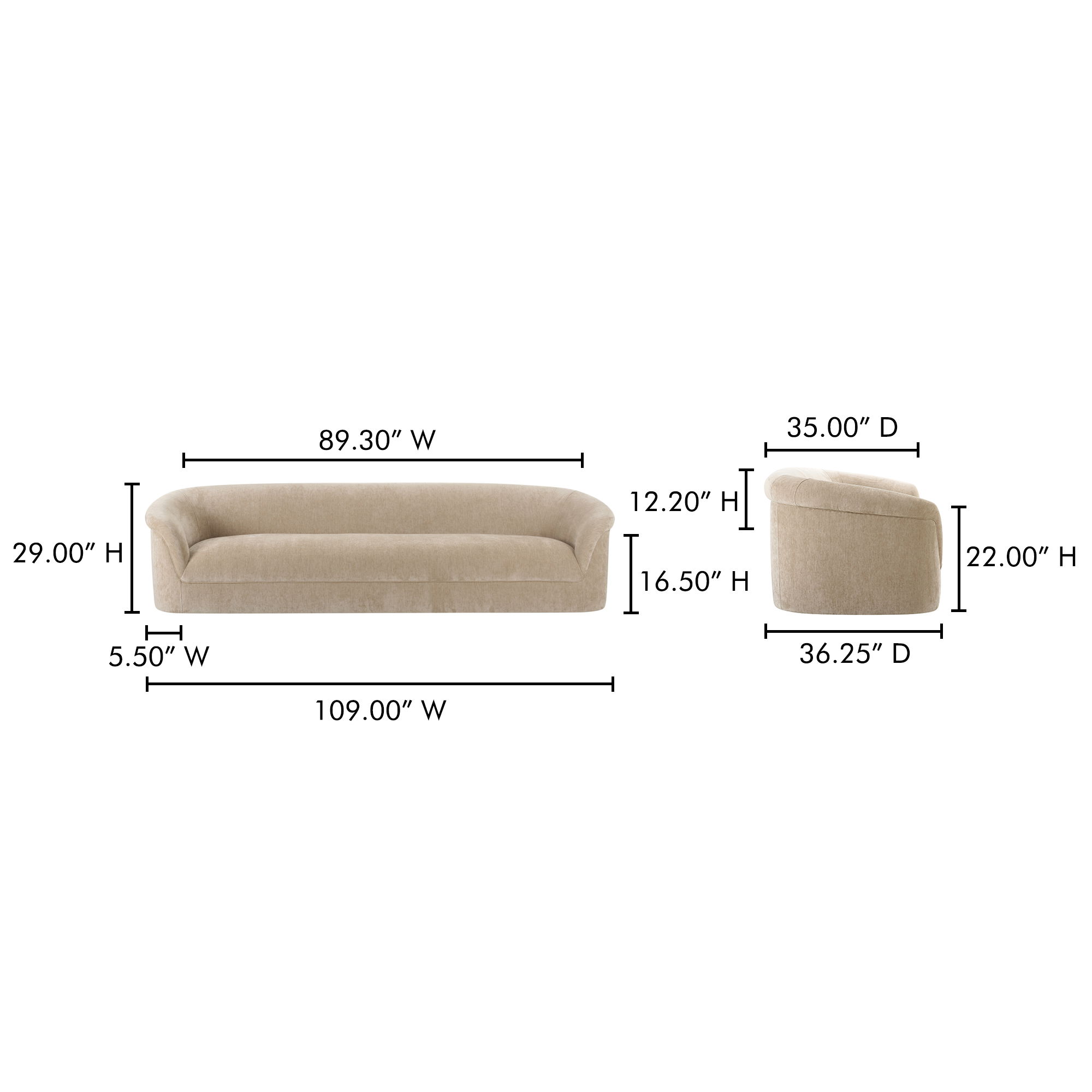 Thora Sofa Beige, Sofas & Sectional by Moe's Home, 109" width x 29" height x 36.25" depth View 11