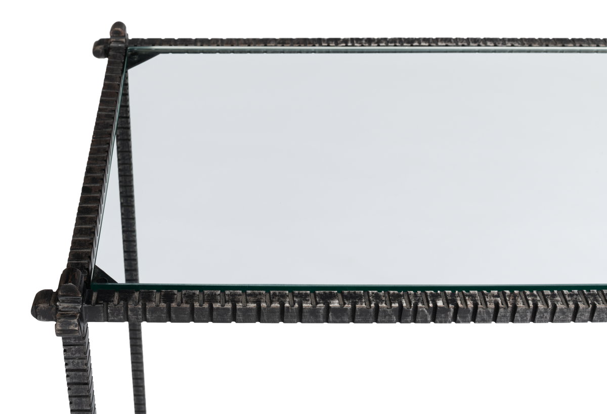 Hand Chased Iron Console Tble  Glass Top, by Sarreid, 1'4" length x 5' width x 2'9" height View 8