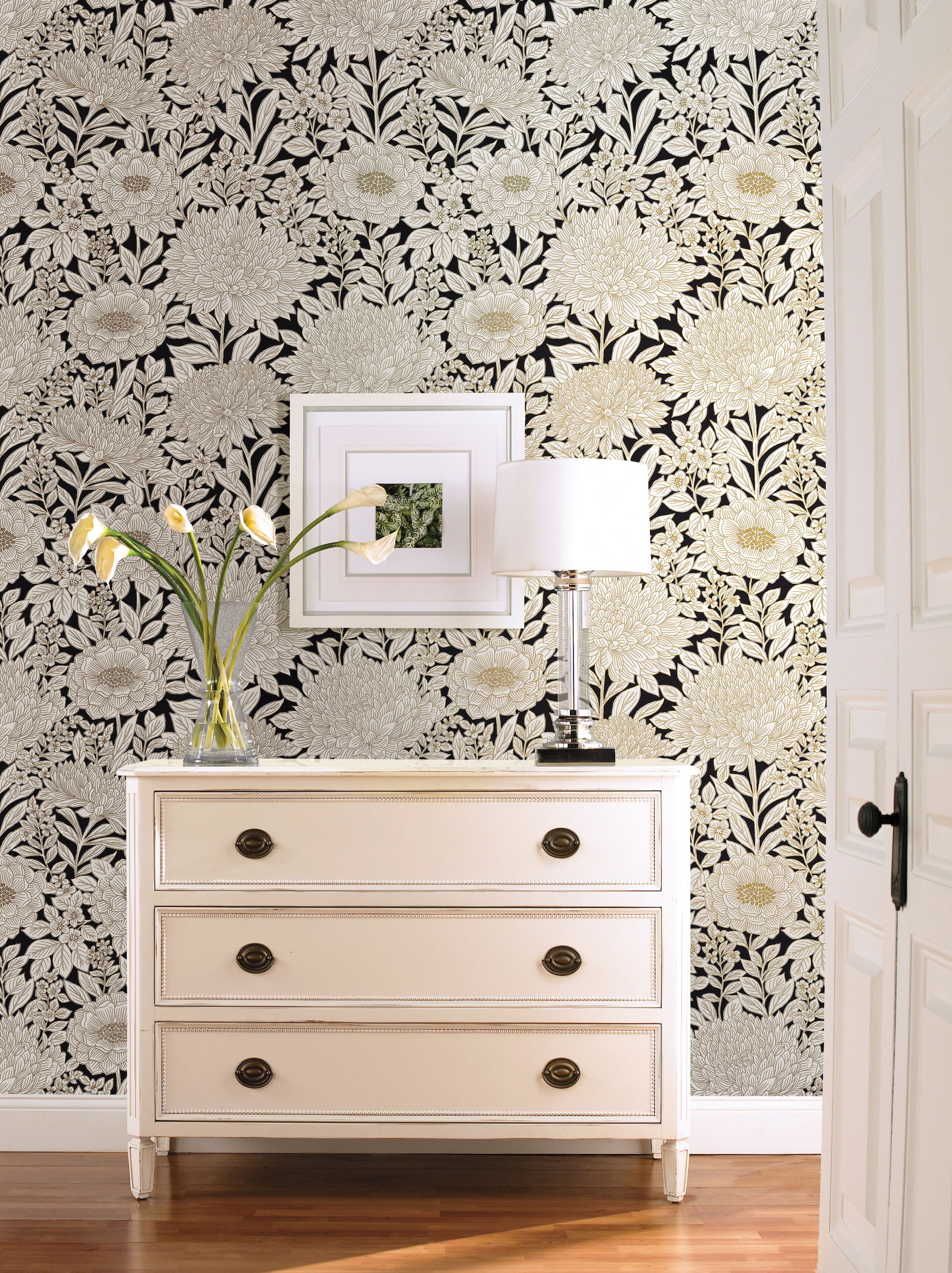Wood Block Blooms Black & Gold Wallpaper large image 