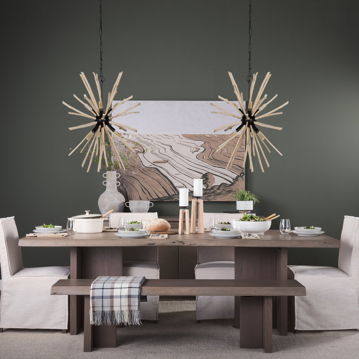 Jules 25x25 Blonde Wood and Black Metal Six Bulb Chandelier Light, by Mercana, 25" length x 25" width x 25" height View 2