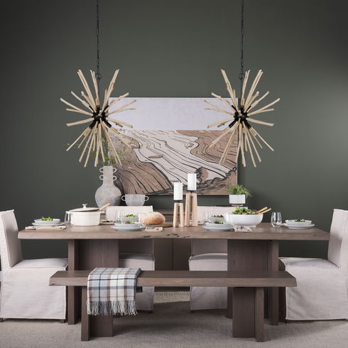 Jules 25x25 Blonde Wood and Black Metal Six Bulb Chandelier Light