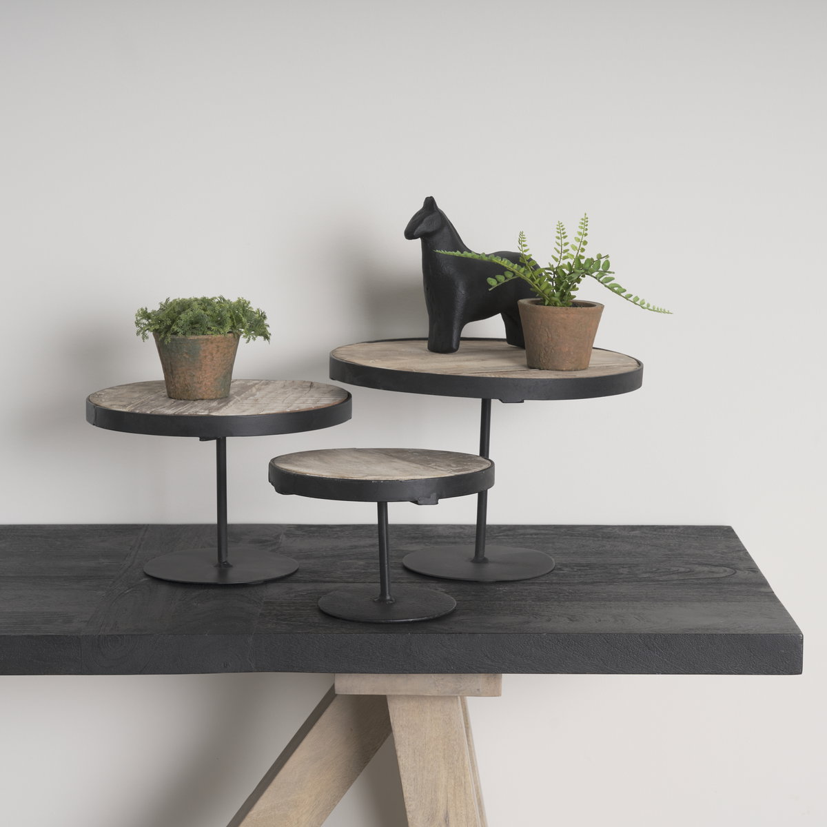 Lorenz (Set of 3) Light Brown Wood with Black Metal Base Round Decorative Display Stands, Decorative Tray by Mercana, 12" length x 12" width x 8" height View 2