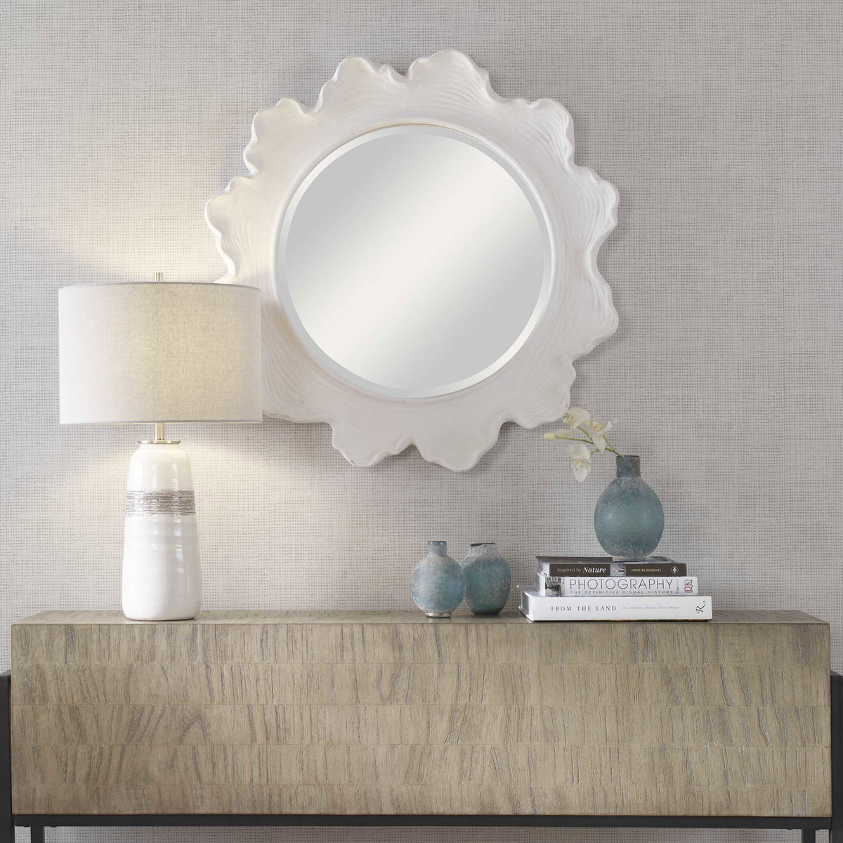 Sea Coral White Round Mirror, by Uttermost, 34.25" width x 34.25" height x 2.75" depth View 4