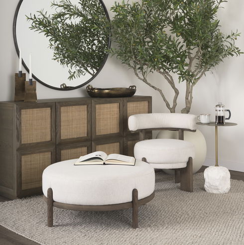 Souvik Dark Brown Wood with Oatmeal Fabric Accent Chair