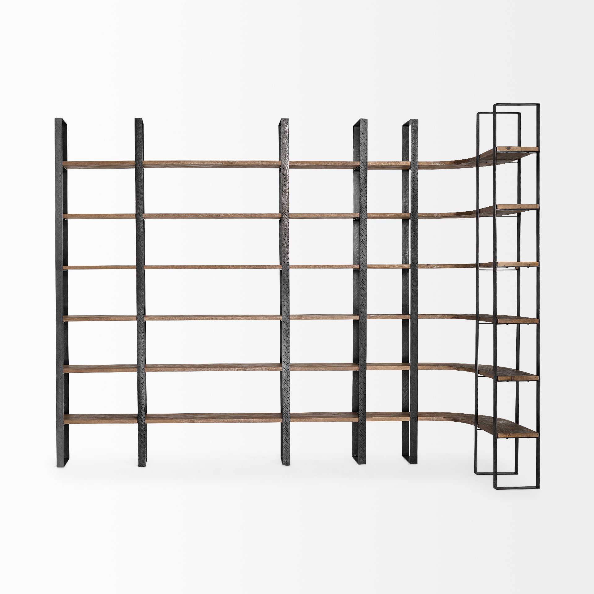 Turner II 37L x 10.5W x 90H Curved Dark Brown Wood And Black Iron Six Shelving Unit, Shelving & Bookcase by Mercana, 36.5" length x 36.5" width x 90" height View 7