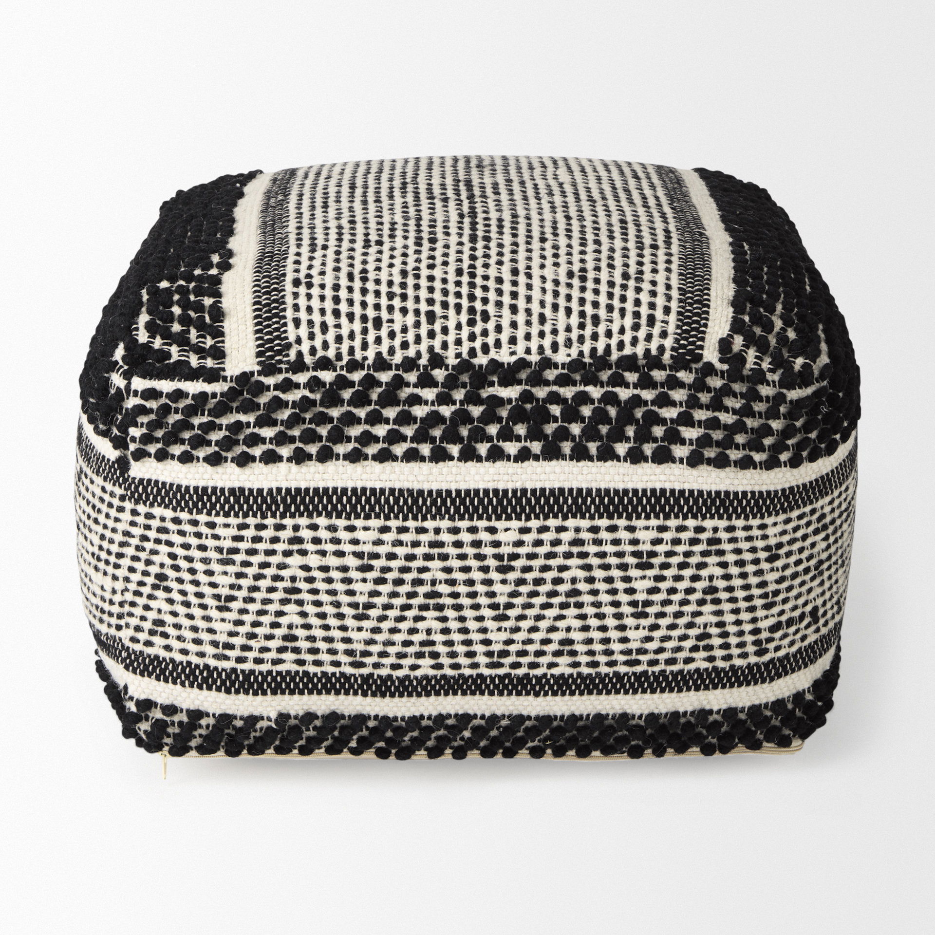Garima   Black/White Wool and Cotton Patterned Pouf, Ottoman by Mercana, 22" length x 22" width x 14" height View 4