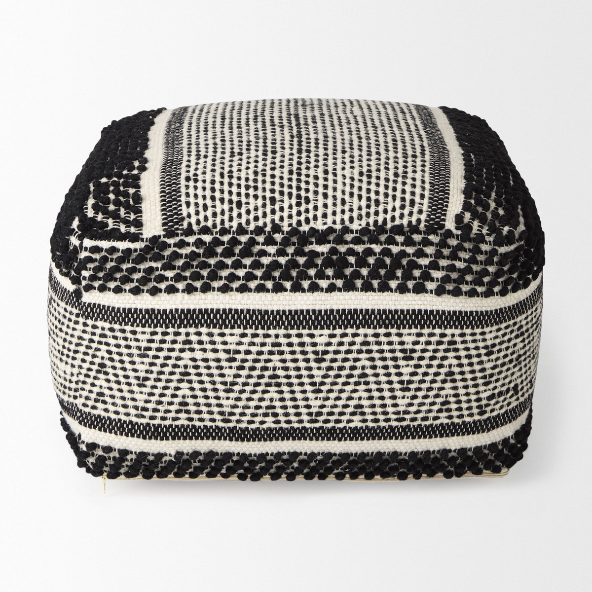 Garima   Black/White Wool and Cotton Patterned Pouf, Ottoman by Mercana, 22" length x 22" width x 14" height View 4