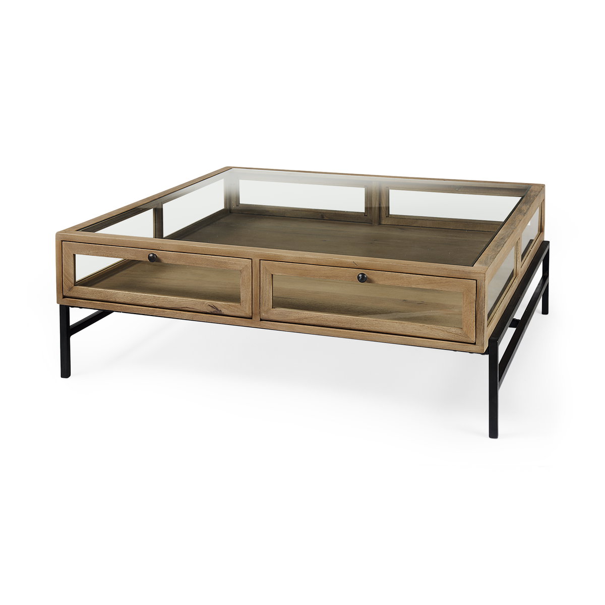Arelius 42' Square Glass-Top Light Brown with Black Metal Base Display Coffee Table, by Mercana, 43.5" length x 42" width x 15" height View 1