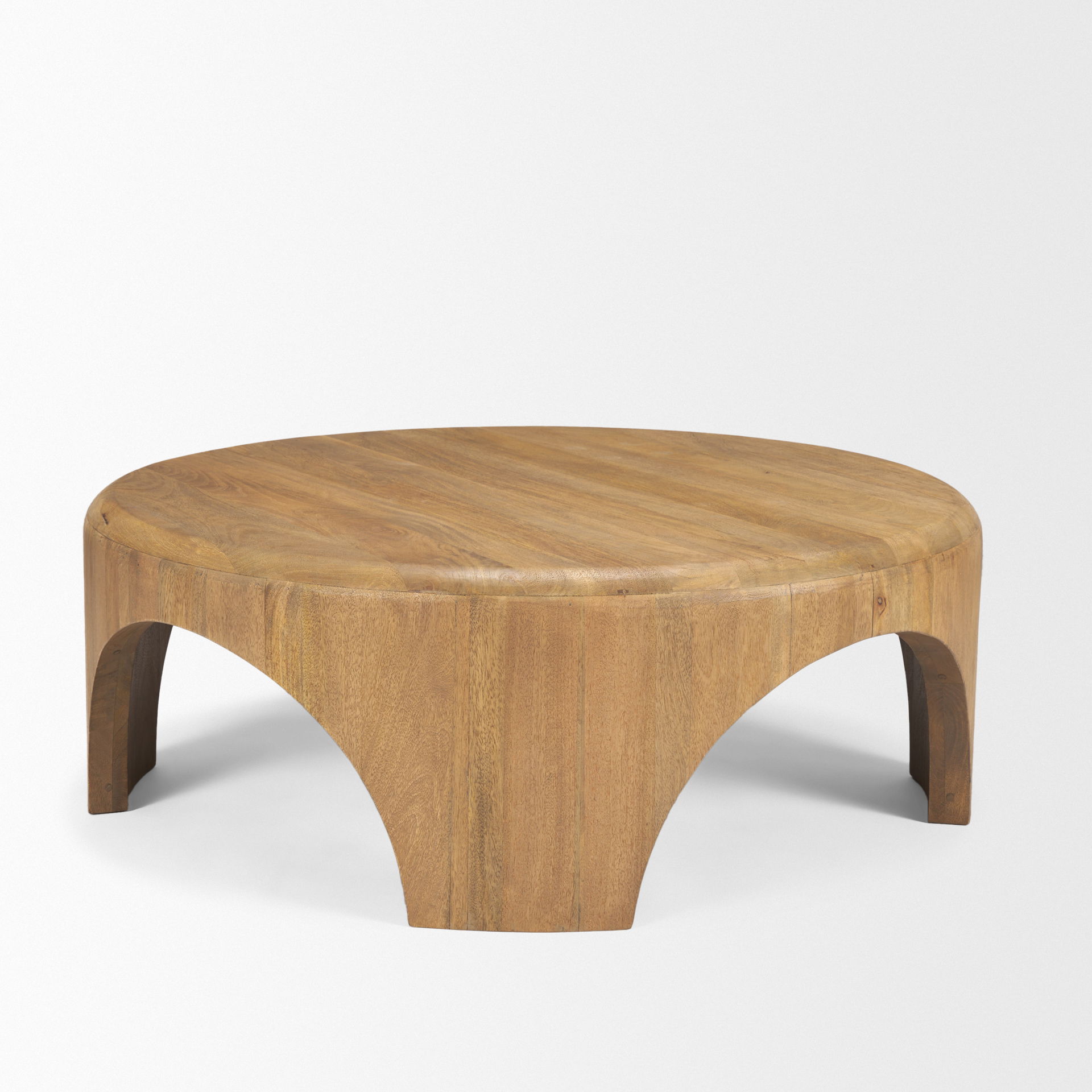 Shima Round Light Brown Wood with Arched Legs Coffee Table, by Mercana, 45" length x 45" width x 16" height View 6