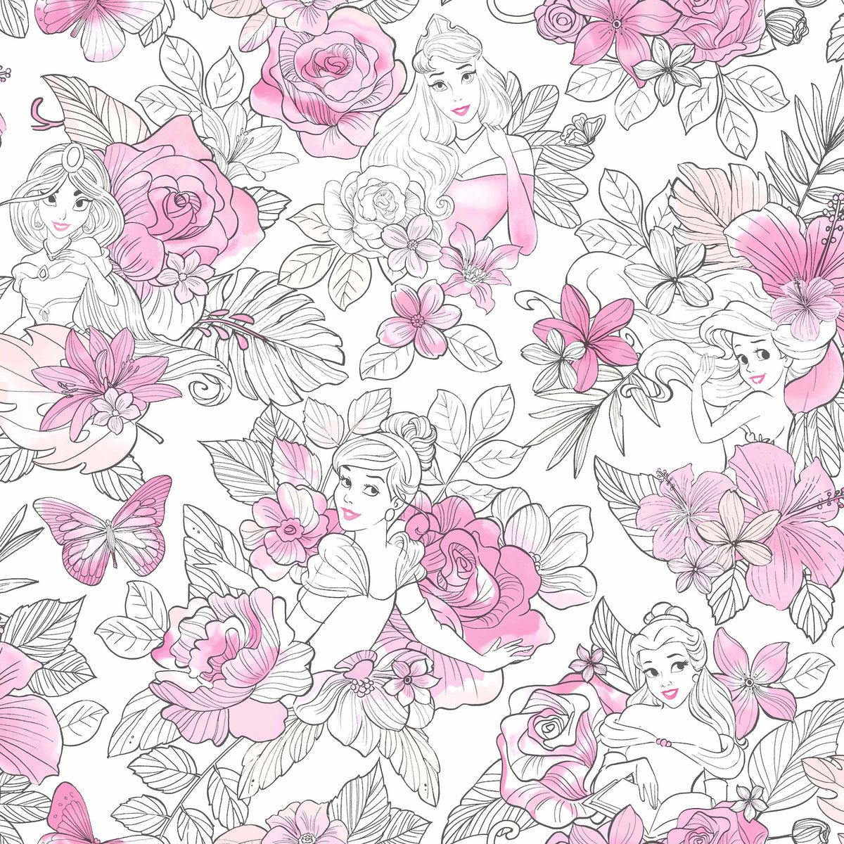 Disney Princess Royal Floral Magenta Wallpaper, by York Wall, 33' length x 1'8.5" width x 0.02" depth View 1