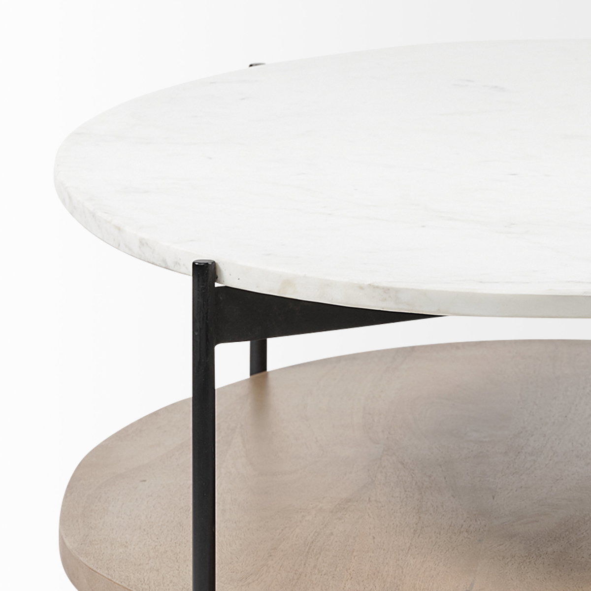 Larkin 48' Oval White Marble Top and Solid Wood Shelf with Black Metal Frame Coffee Table, by Mercana, 48" length x 30" width x 16" height View 11