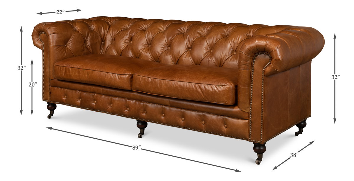 Tufted English Club Sofa  Cuba Brown, by Sarreid, 3'2" length x 7'5" width x 2'8" height View 13