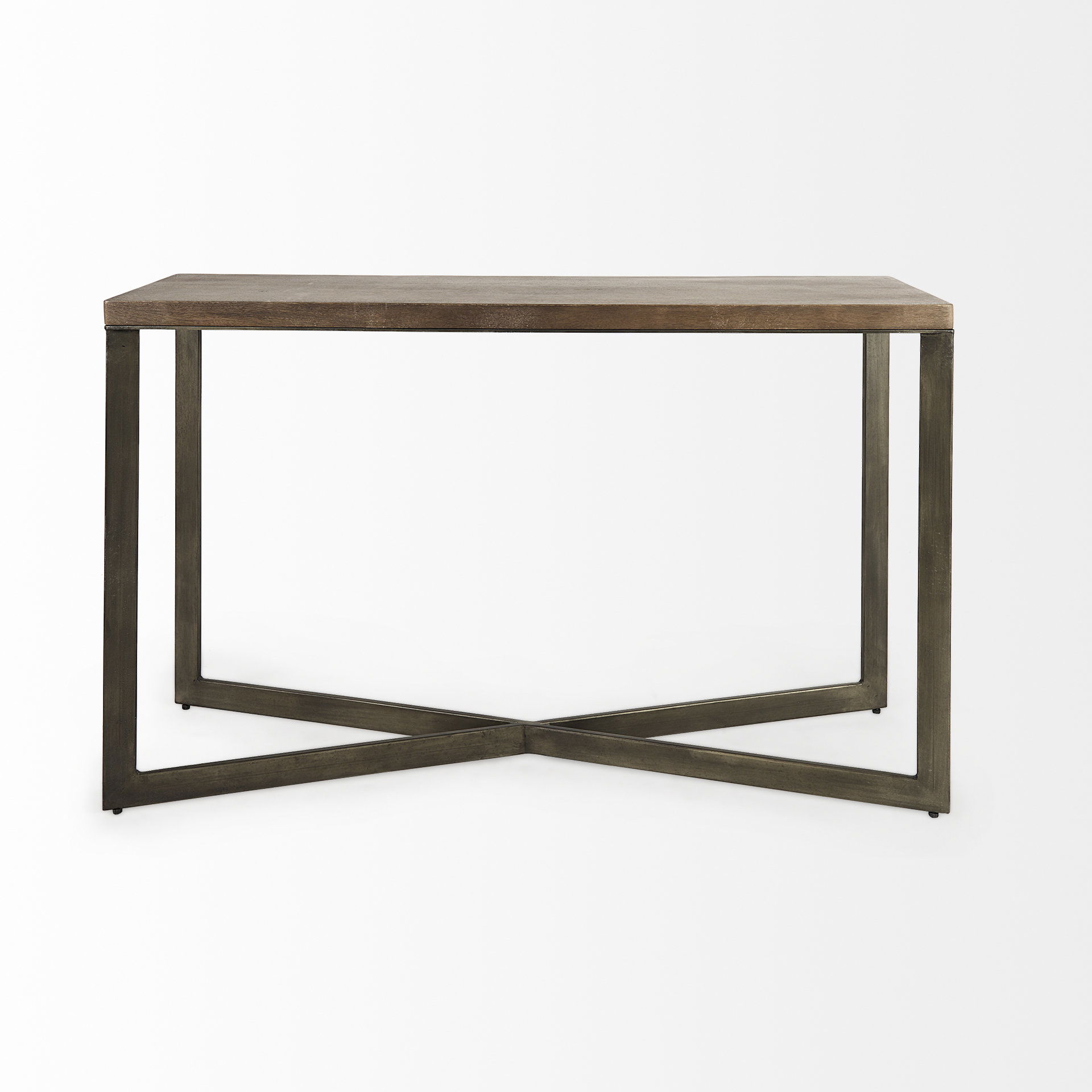 Faye 50L x 15W x 30H Medium Brown Wood with Antique Nickel Metal Base Console Table, by Mercana, 50" length x 15" width x 30" height View 4