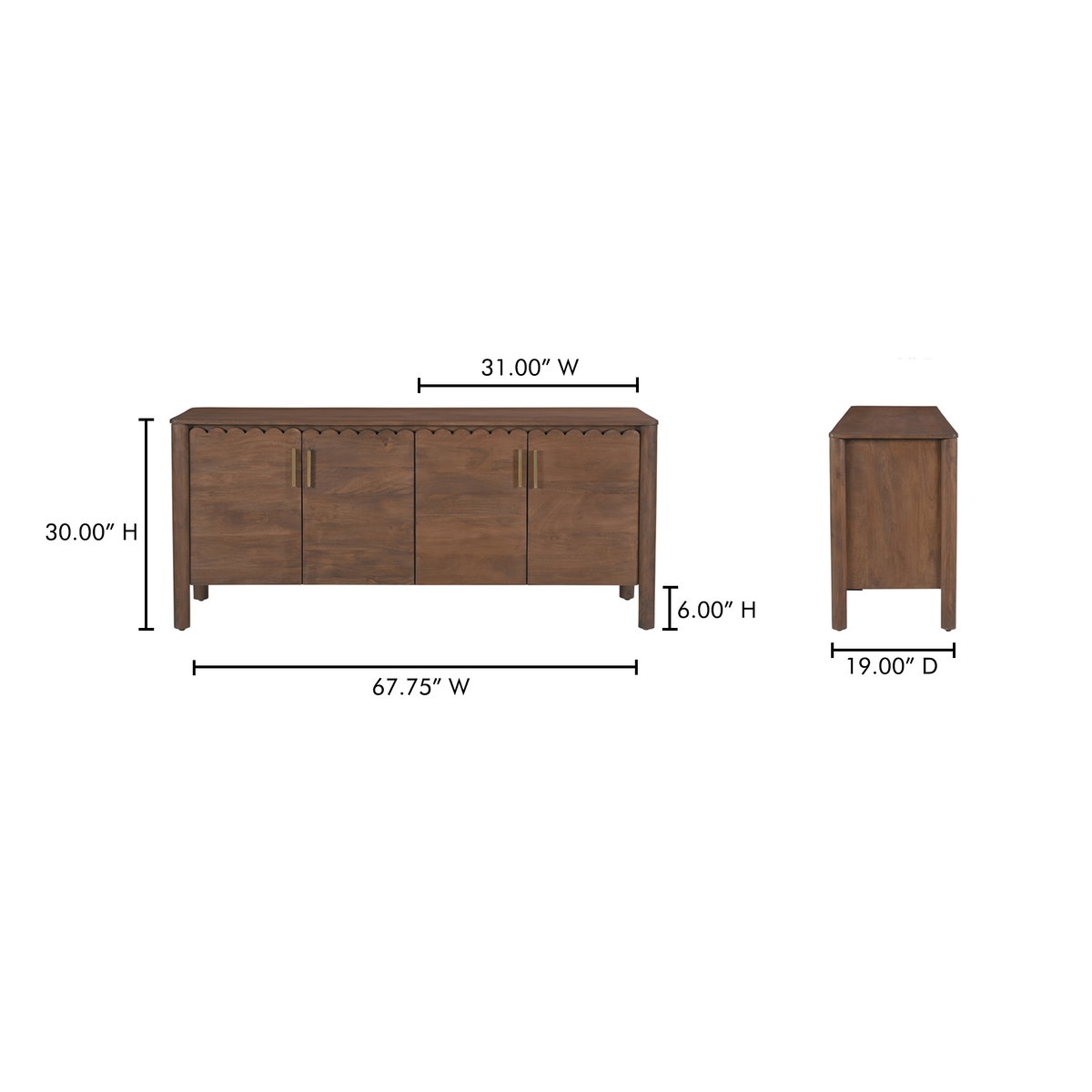 Wiley 4 Door Sideboard Vintage Brown, Cabinets & Sideboard by Moe's Home, 67.75" width x 30" height x 19" depth View 14