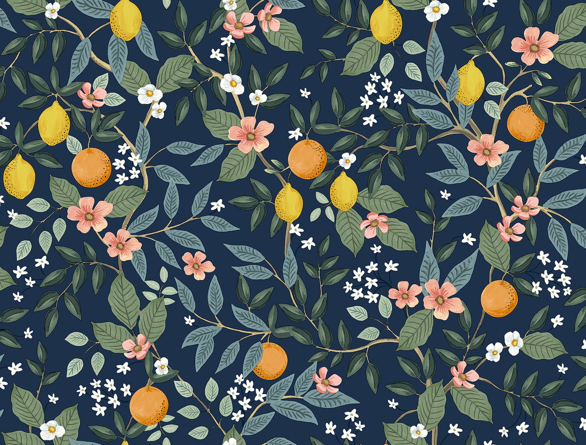 Citrus Grove Navy Peel & Stick Wallpaper, by York Wall, 20' length x 2'3" width x 0.02" depth