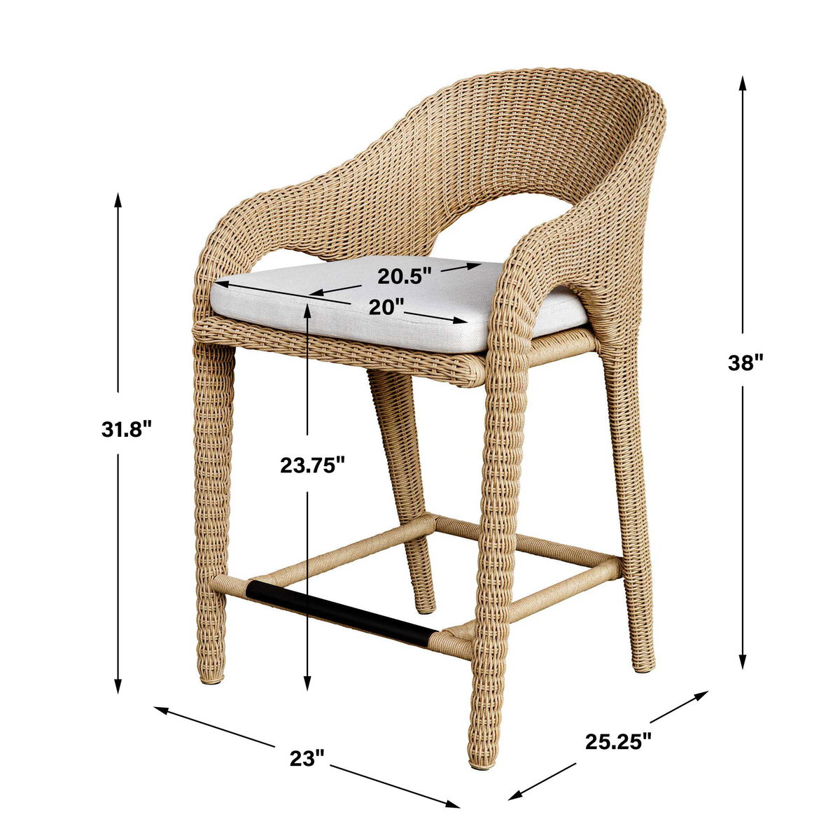 Kavali Outdoor Wicker Counter Stool, Outdoor Stool by Uttermost, 1'11.5" width x 3'2.5" height x 2'1.5" depth View 3