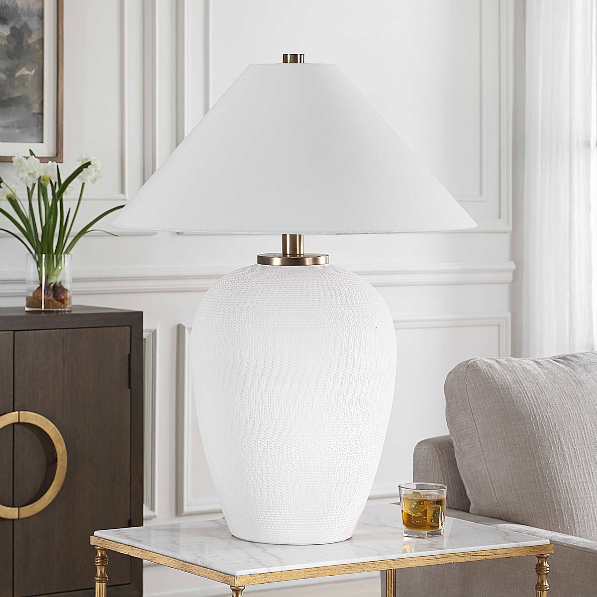 Merriton Matt White Table Lamp, by Uttermost, 2'1" width x 2'9" height x 2'1" depth View 4