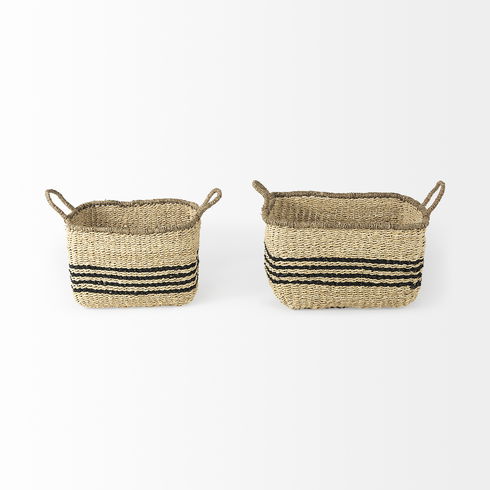Emma  (Set of 2) Light Brown Seagrass Rectangular Basket with Black Stripes
