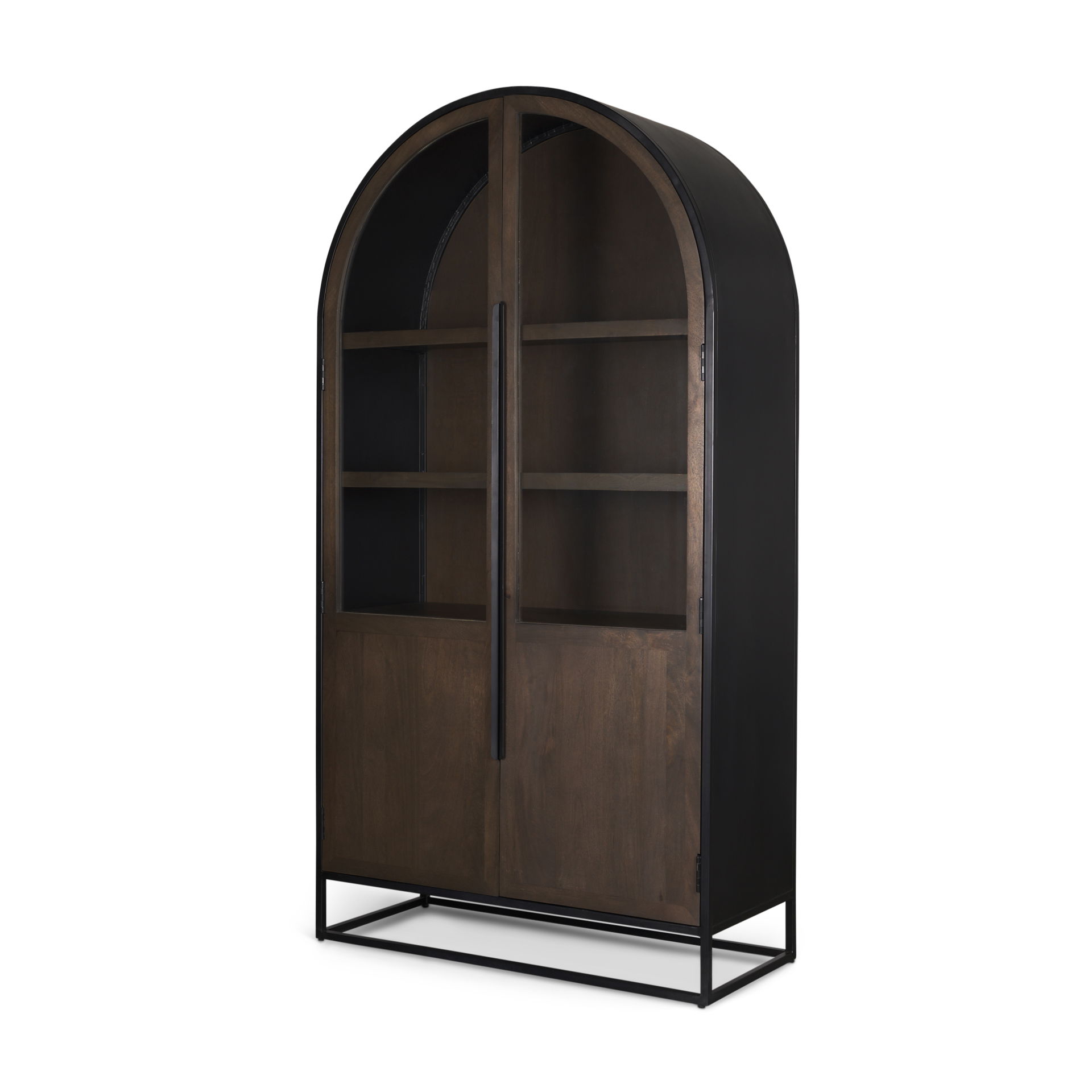Sloan 42W x 80H Dark Brown Wood with Black Metal Arched Curio Cabinet, Cabinets & Sideboard by Mercana, 42" length x 18.5" width x 80" height View 1