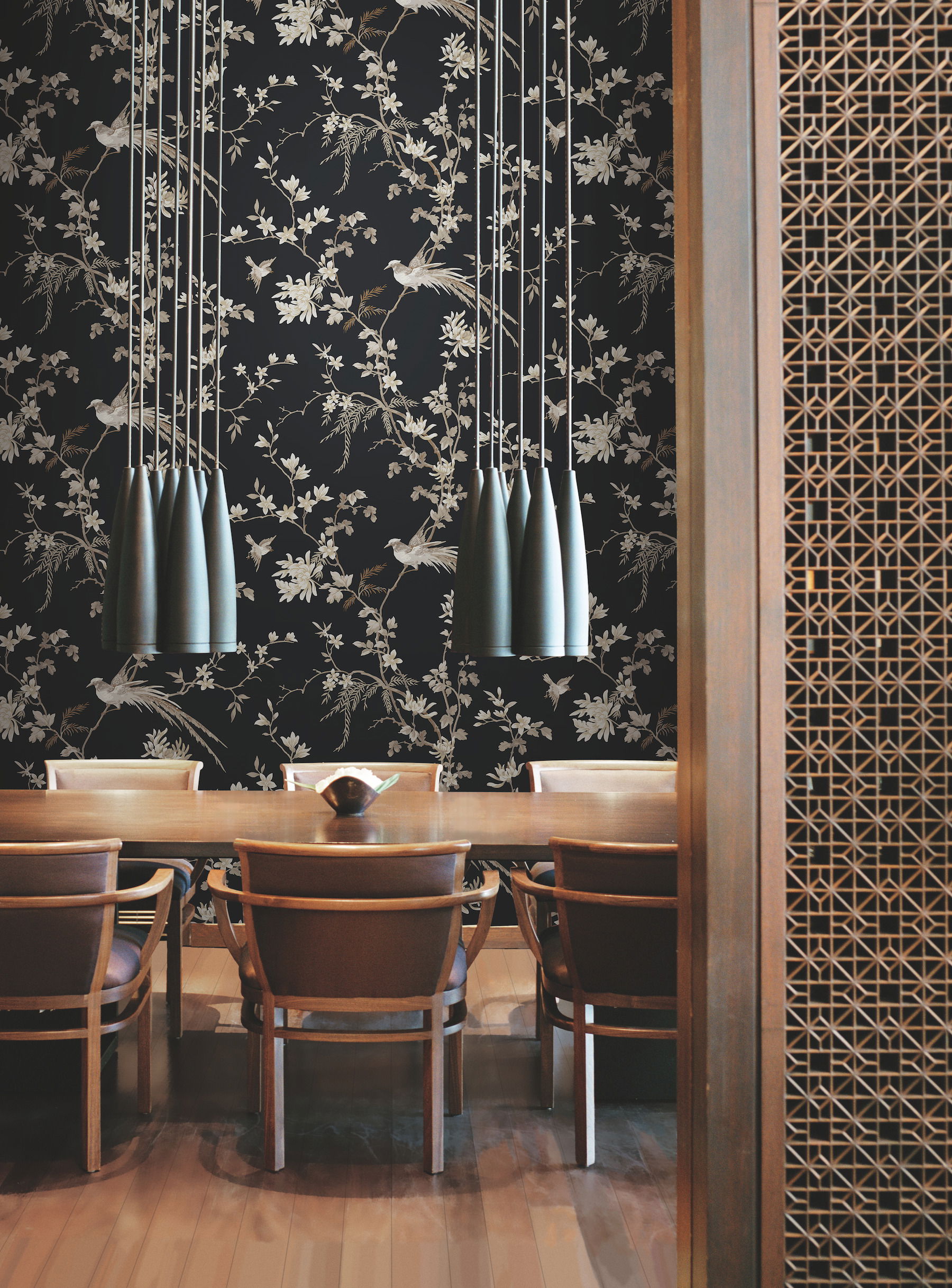Bird & Blossom Chinoserie Black Wallpaper large image 