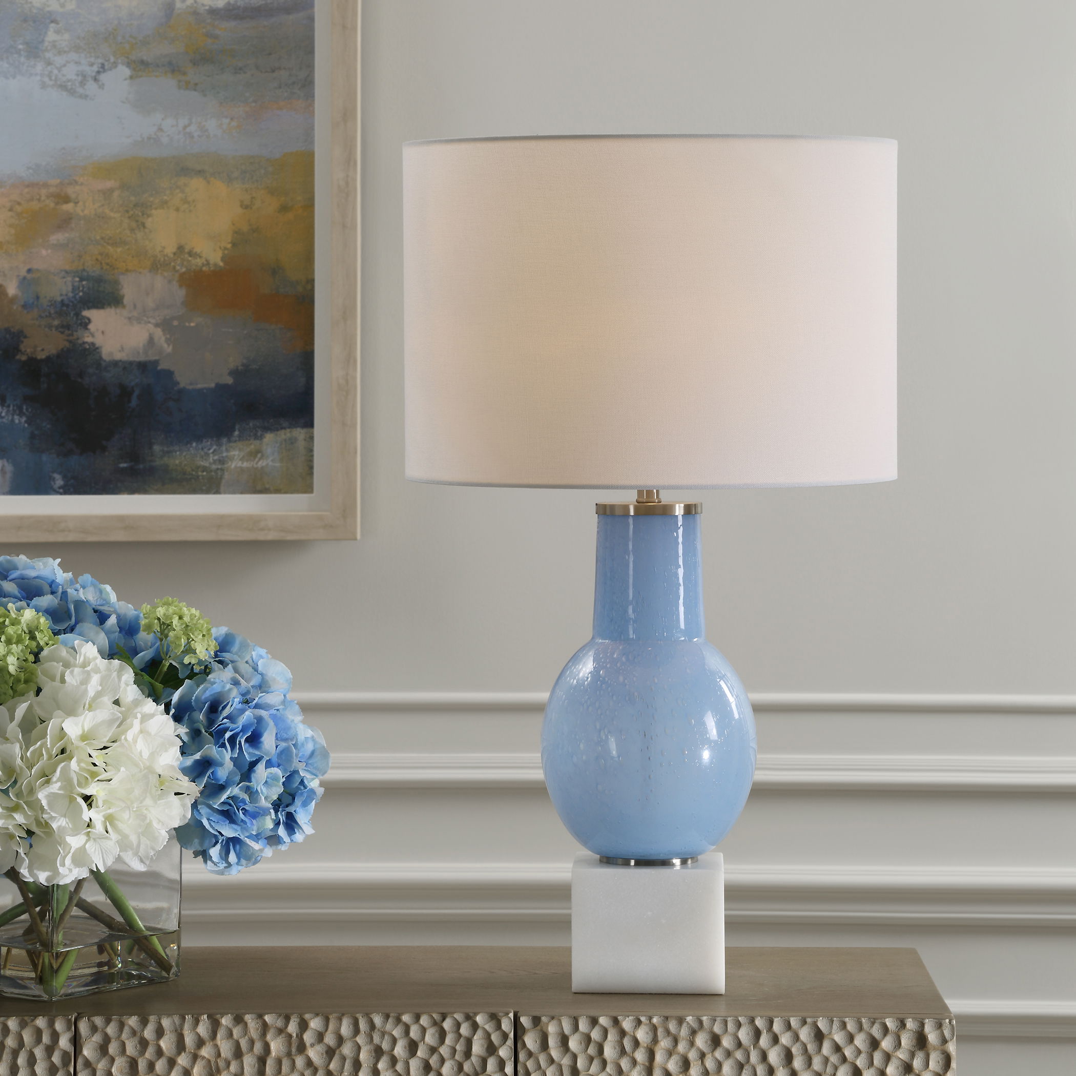 Clear Sky Blue Glass Table Lamp, by Uttermost, 16" width x 28" height x 16" depth View 2