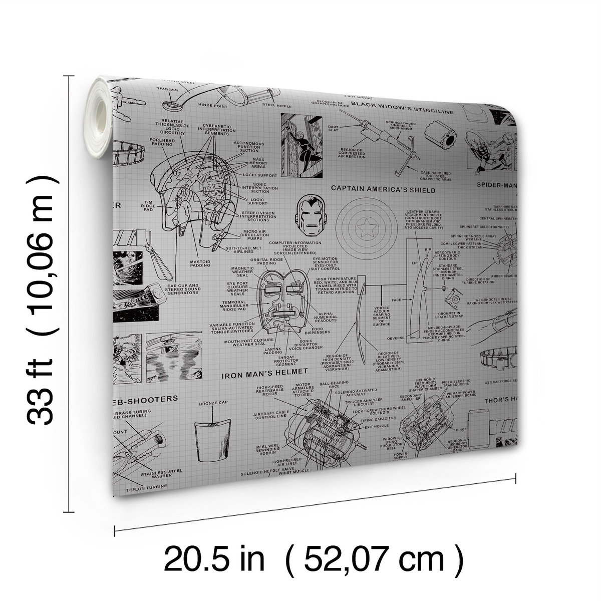 Marvels Heroes Schematics Grey & Black Wallpaper, by York Wall, 33' length x 1'8.5" width x 0.02" depth View 3