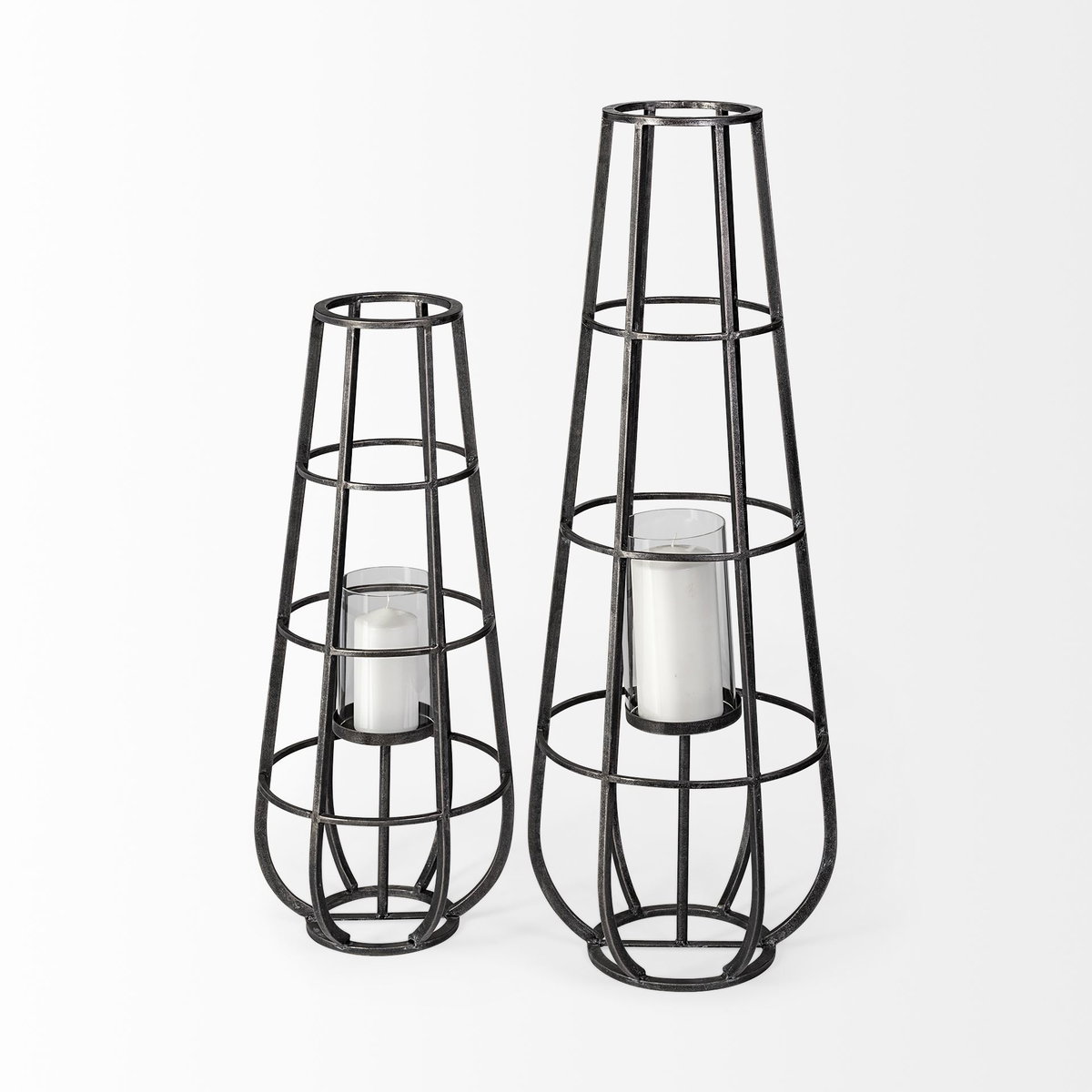 Bella Small Black Metal Cylindrical Cage Candle Holder Lantern, Lighting by Mercana, 12.2" length x 11.81" width x 30.12" height View 4