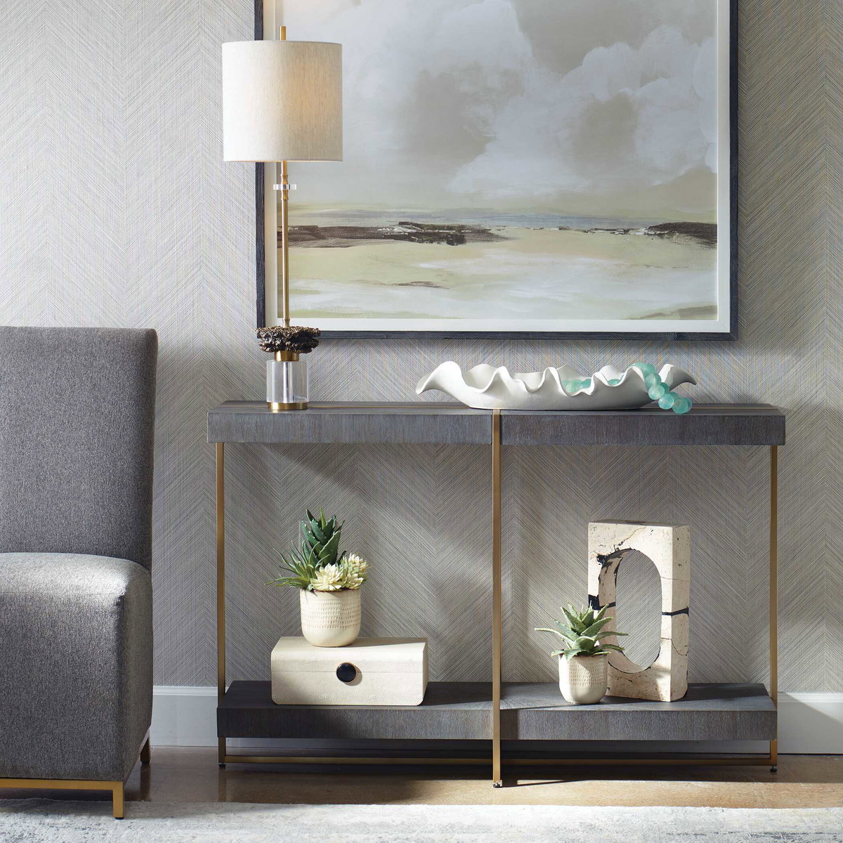 Taja Modern Brass / Wood Console Table, by Uttermost, 47.75" width x 31" height x 14" depth View 2