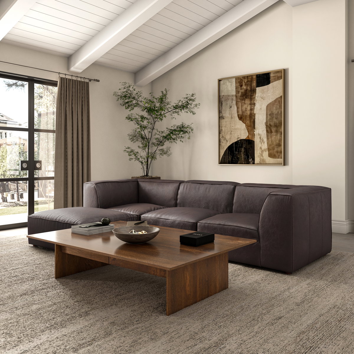 Form Corner Chair Espresso Brown Leather, Sectional Sofa by Moe's Home, 40.5" width x 26" height x 40.5" depth View 6