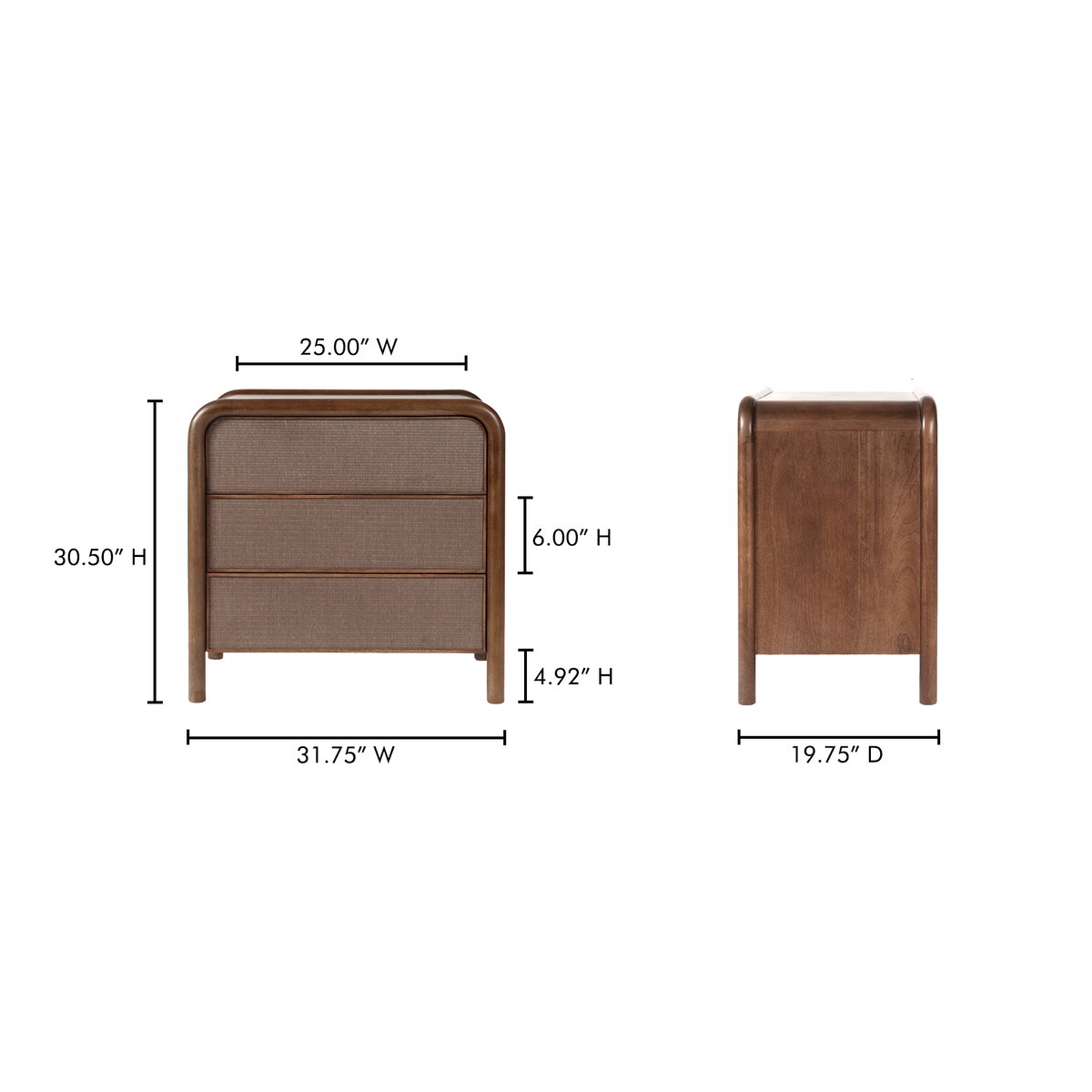 Rye 3 Drawer Nightstand Warm Brown, by Moe's Home, 31.75" width x 30.5" height x 19.75" depth View 12