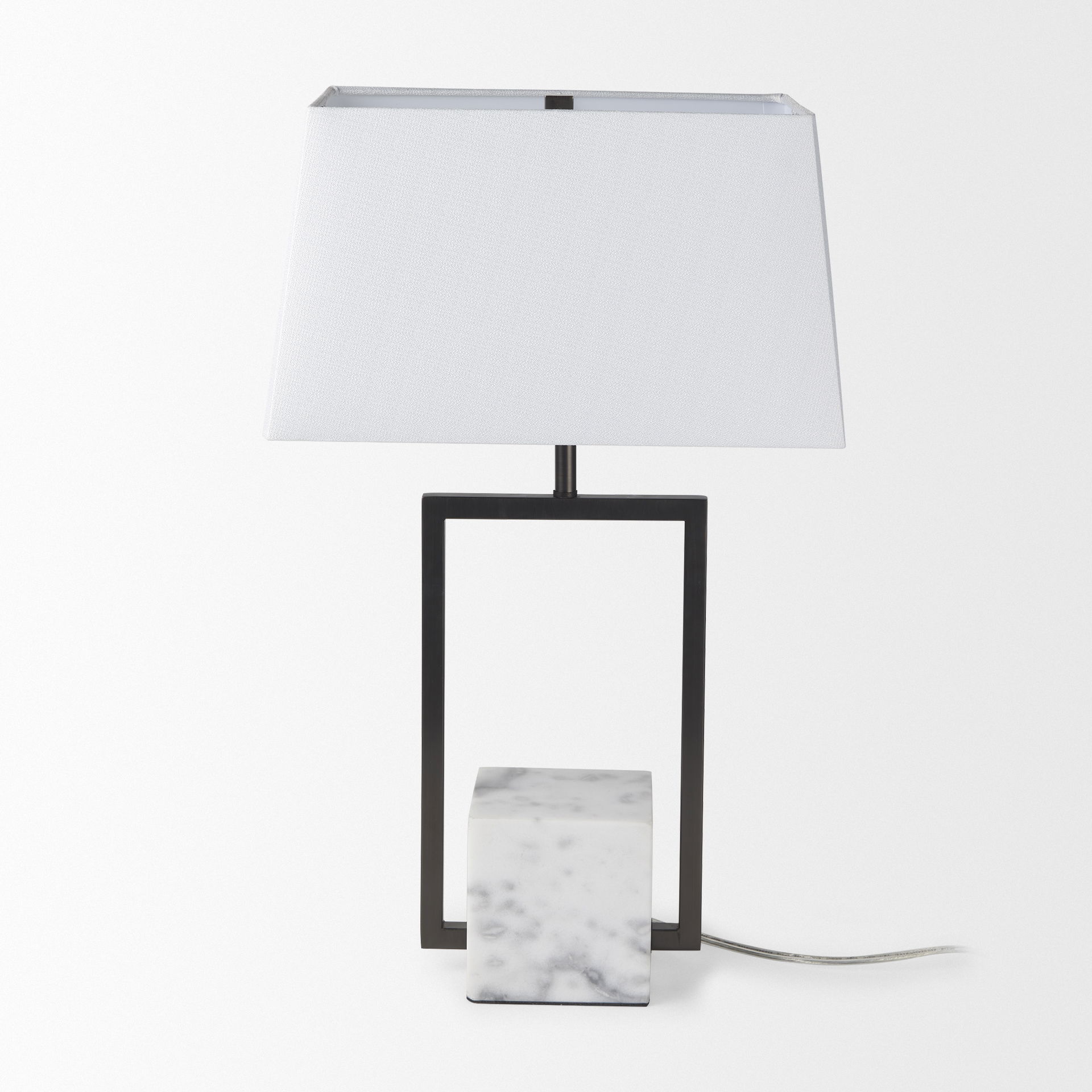 Peyton  Black Metal with Marble Cube and White Shade Table Lamp, by Mercana, 14" length x 9" width x 26.2" height View 2