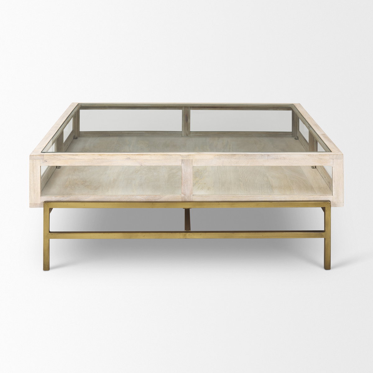 Arelius 42' Square Glass-Top White Wood with Gold Metal Base Display Coffee Table, by Mercana, 43.5" length x 42" width x 15" height View 4