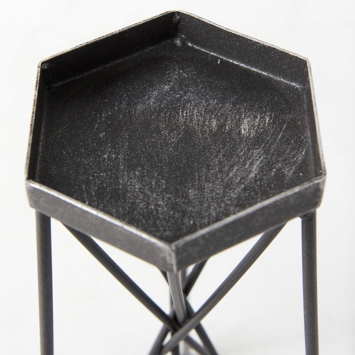 Sixx I Small Antiqued Metal Hexagonal Table Candle Holder, Candles & Candle Holder by Mercana, 5.32" length x 4.72" width x 8.07" height View 8