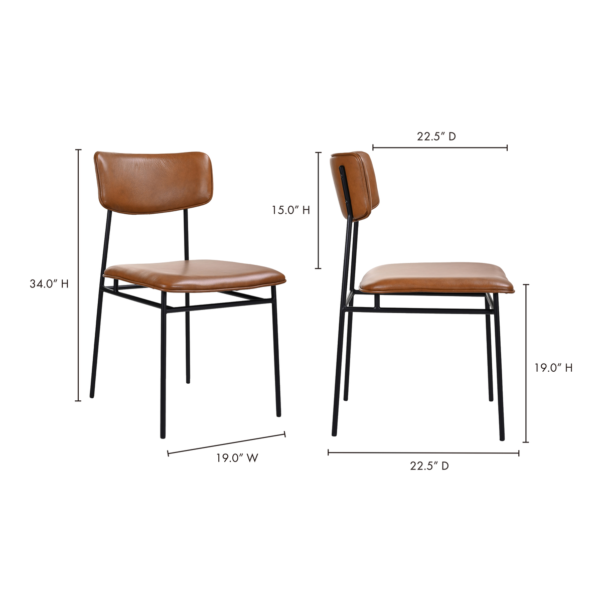 Sailor Dining Chair Brown - Set Of Two, by Moe's Home, 18.7" width x 33.85" height x 22.5" depth View 10