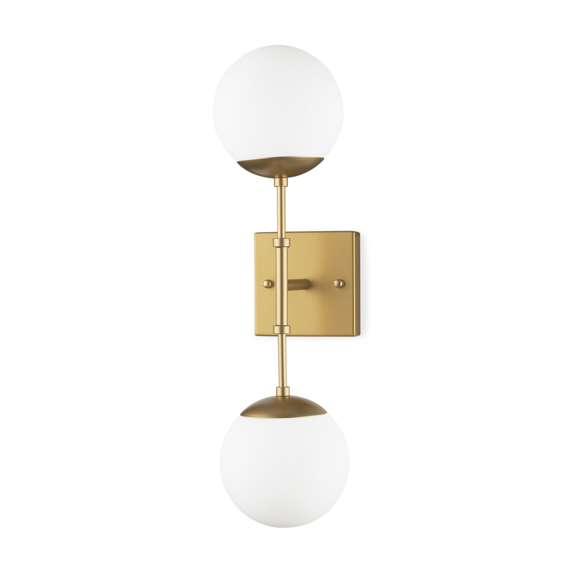 Edie Brushed Gold Metal with Frosted Glass Globes 2-Light Wall Sconce, by Mercana, 22" length x 7.5" width x 6" height View 1