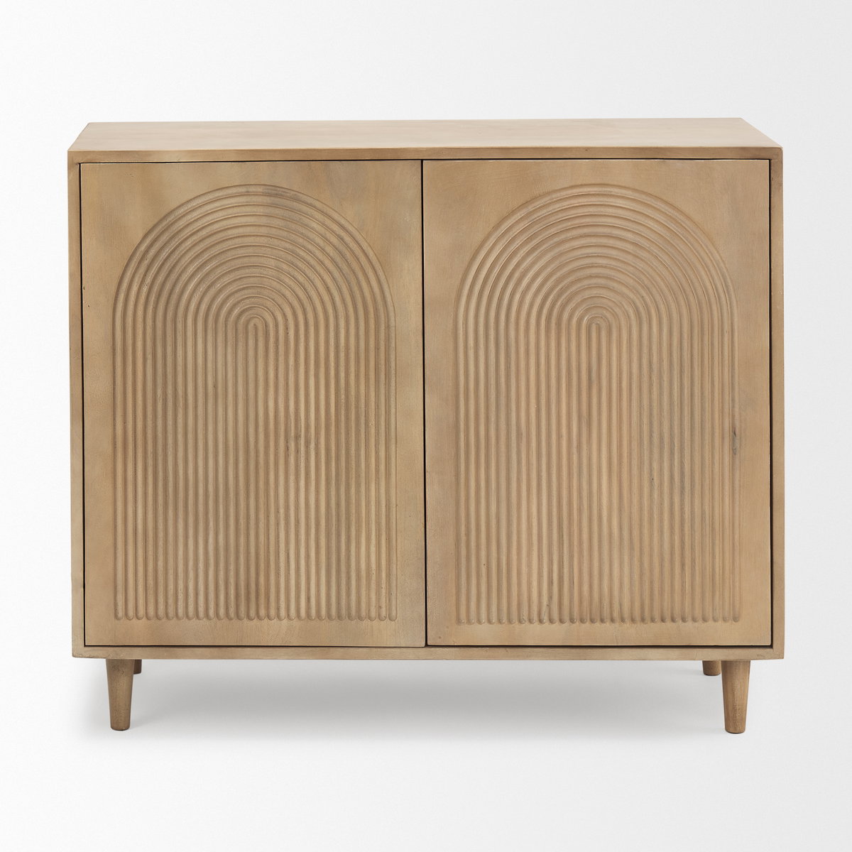 Tucker Light Brown Wood with Carved Arch Pattern 2 Door Accent Cabinet, Cabinets & Chest by Mercana, 36" length x 15" width x 30" height View 3