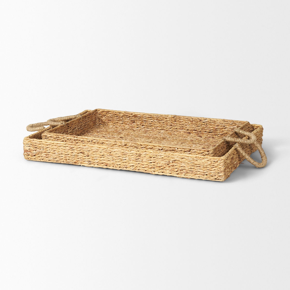 Hona Set of 2 Large Rectangular Nesting Water Hyacinth Trays, Decorative Tray by Mercana, 27.95" length x 18.11" width x 3.15" height View 5