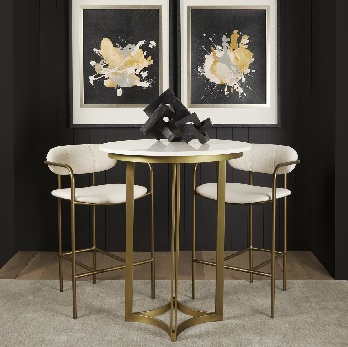 Tanner 32'L x 32'W Pedestal Dining Table | White Marble & Matte Gold | Seats 2, by Mercana, 32" length x 32" width x 36" height View 3