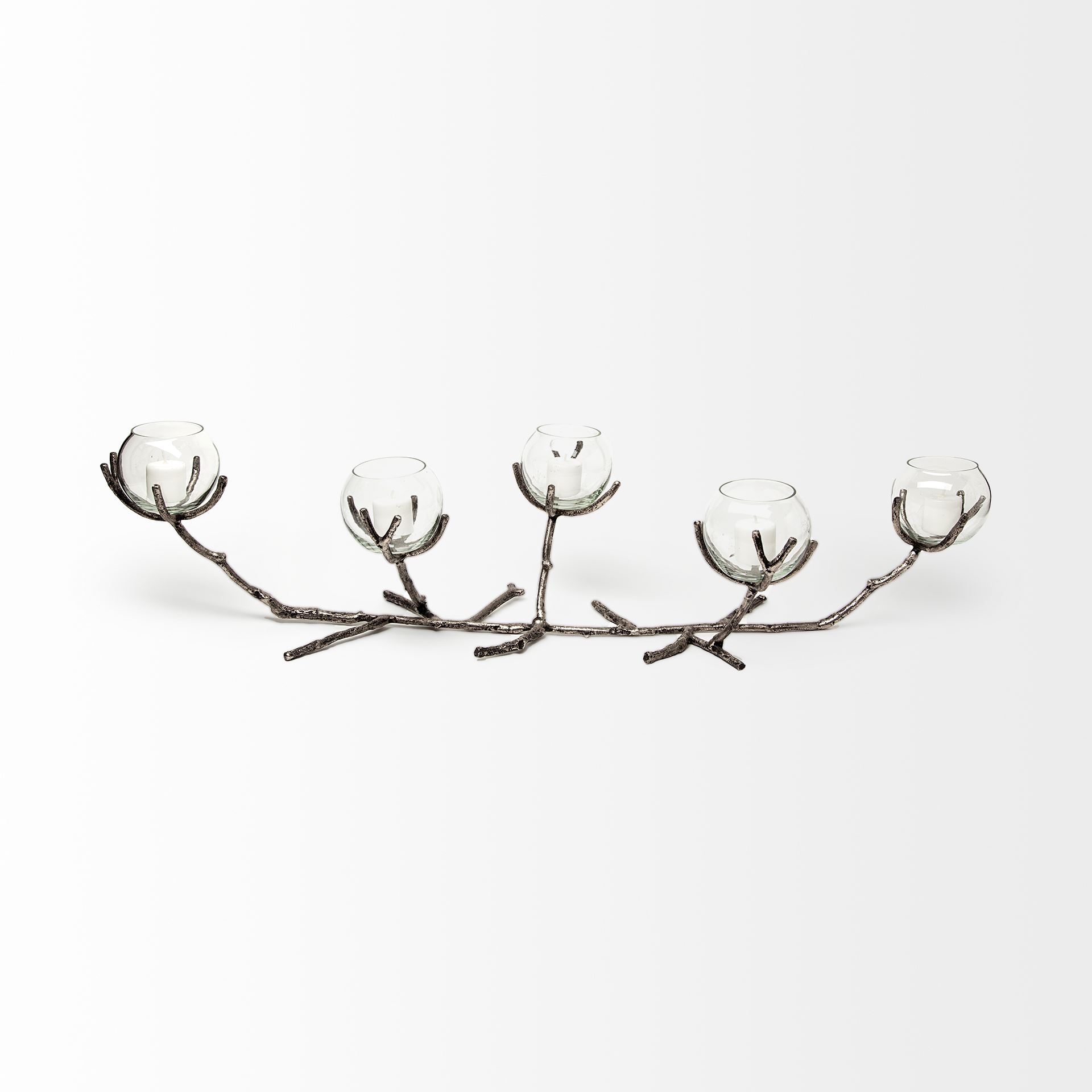 Vine I Distressed Silver Metal Creeper Five Candle Table Candle Holder, Candles & Candle Holder by Mercana, 30" length x 12" width x 9" height View 2