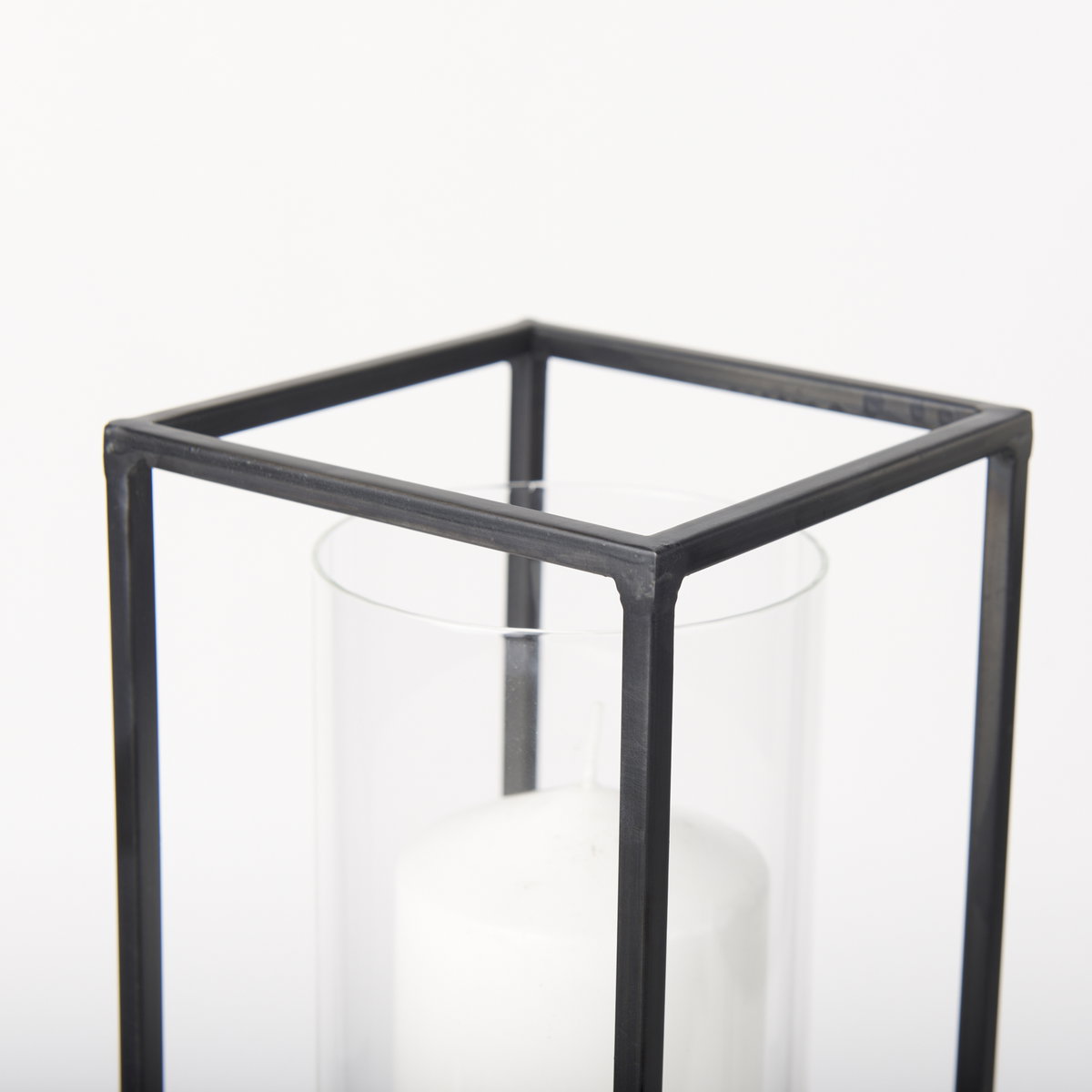 Cindy Set of 2 Matte Black Metal and Hurricane Glass Pillar Tabletop Candle Holders, Candles & Candle Holder by Mercana, 5.91" length x 5.91" width x 23.03" height View 5